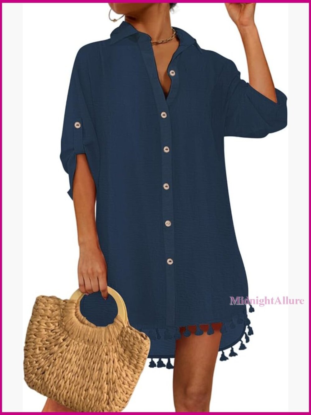 Large Pleated Beach Cover Up Shirt with Tassel Drawstring Short Sleeve